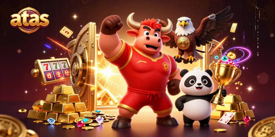 Experience thrilling casino adventures with atas, featuring a jubilant bull, eagle, and panda among treasure and gaming elements.