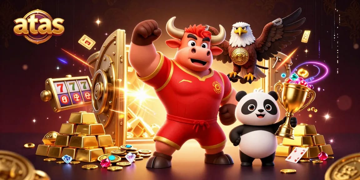 Experience thrilling casino adventures with atas, featuring a jubilant bull, eagle, and panda among treasure and gaming elements.