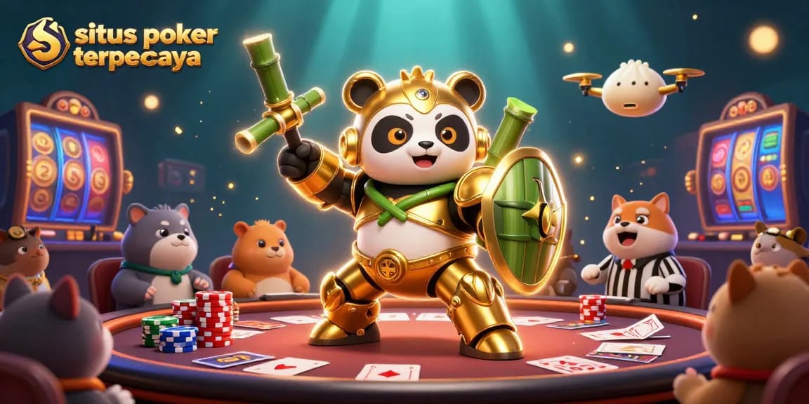 Engage with situs poker terpercaya as the golden panda battles on a vibrant poker arena filled with exciting game elements.