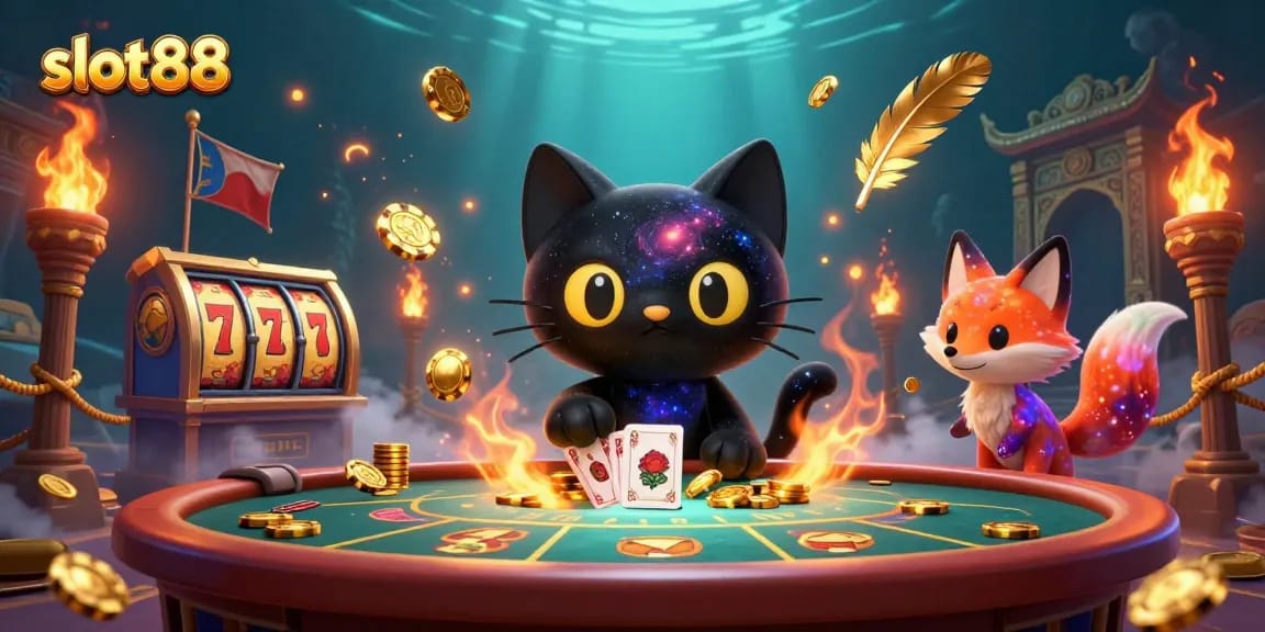 Experience thrilling gameplay in slot88 as a cosmic cat attracts golden chips at the casino.