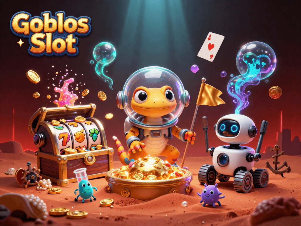 Engage in exhilarating Goblos Slot experiences with the Martian gecko in a lively 3D casino scene.