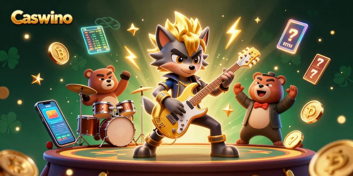 Caswino casino action with a rock star wolf playing guitar amidst dynamic jackpot and crypto themes.