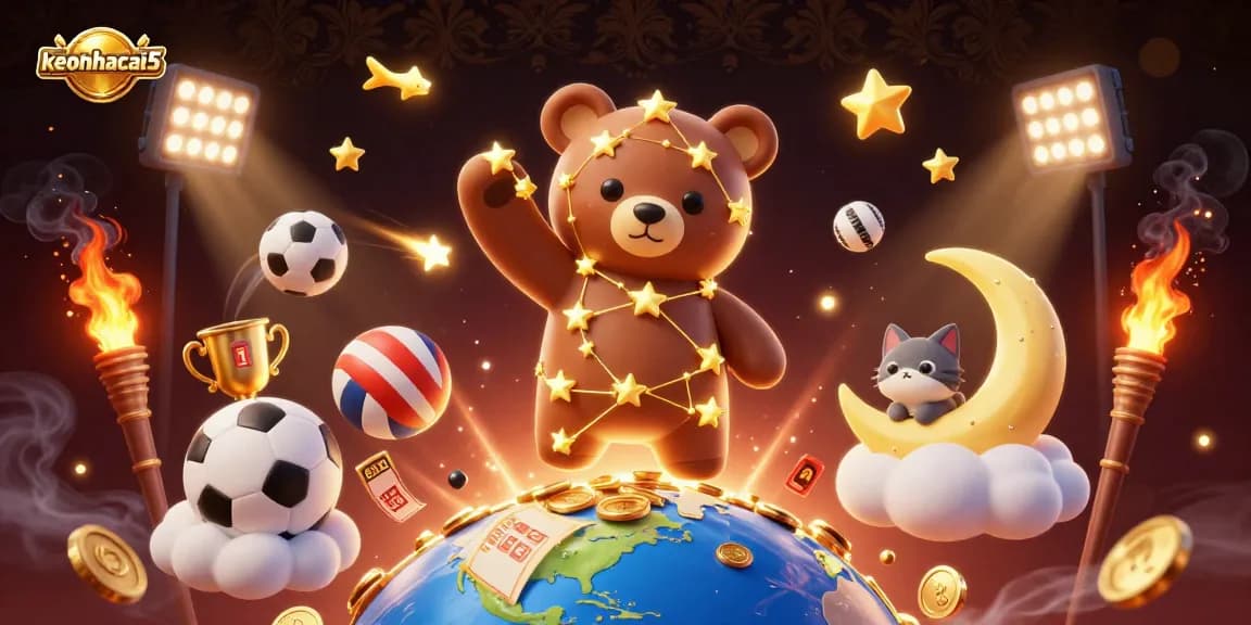 Engage with keonhacai5 using a stunning 3D illustration of a constellation bear collecting coins amidst a sports betting arena.