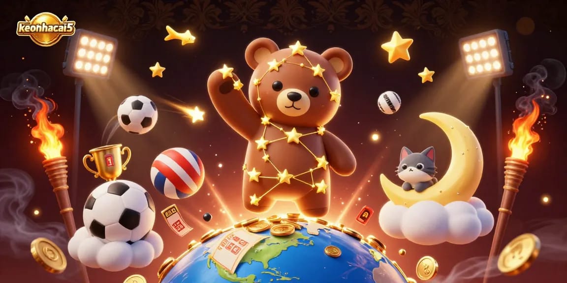 Engage with keonhacai5 using a stunning 3D illustration of a constellation bear collecting coins amidst a sports betting arena.
