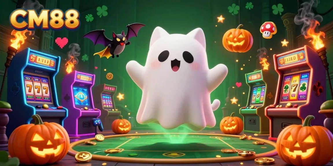 Experience the vibrant thrills of CM88's haunted casino with friendly ghost cat and bat companions.
