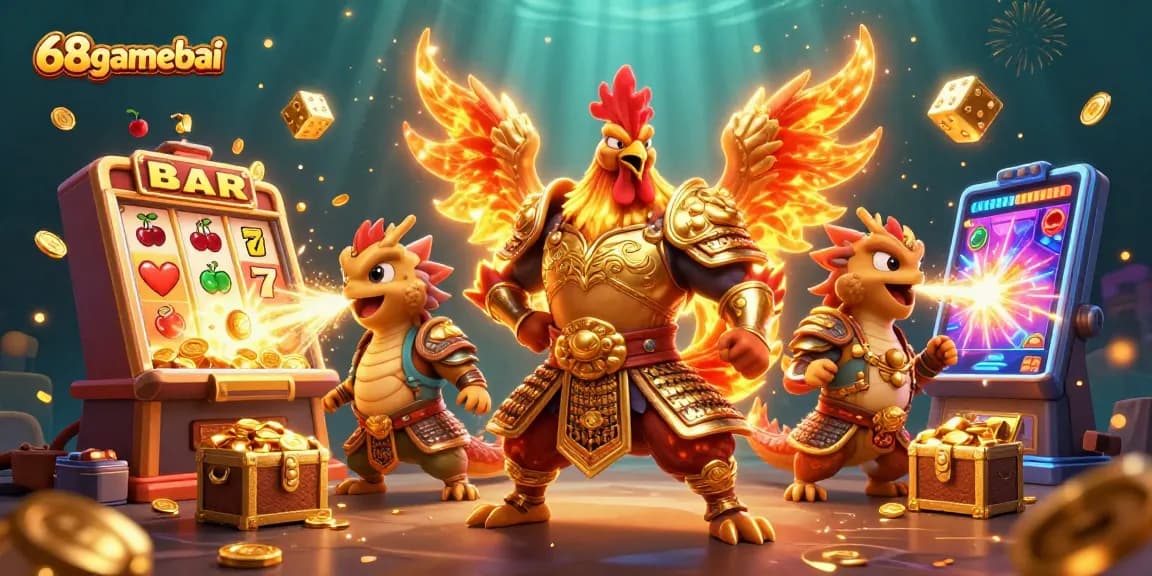 Play exciting games at 68gamebai with a thrilling visual featuring golden jackpots and characters.