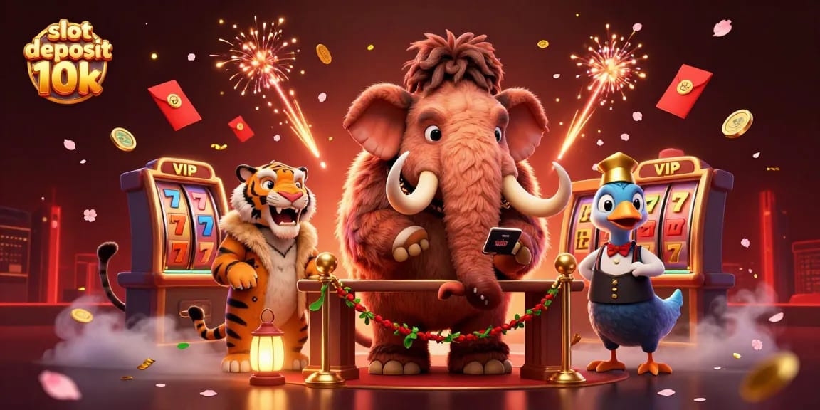Experience the thrill of slot deposit 10k slots with a lively scene of 3D characters and vibrant casino elements.