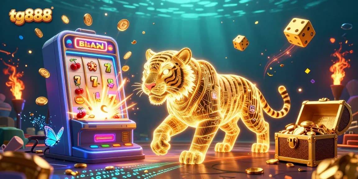 Experience the thrill of tg888 casino with a vibrant scene featuring a golden tiger and massive slot machine.