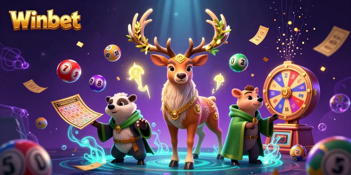 Winbet highlights a vibrant casino scene featuring a Celtic druid stag and floating spirits amidst lottery elements.