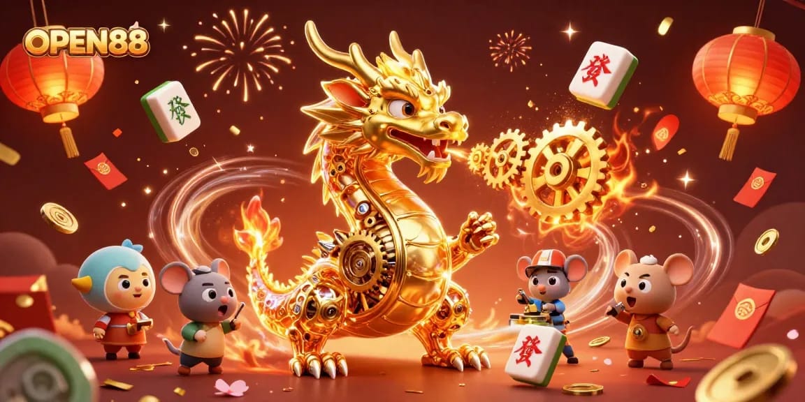 Experience thrilling wins with OPEN88's rich casino games illustrated in a vibrant, magical scene.
