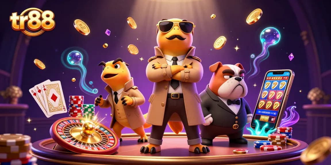 Win big with tr88 at this vibrant casino scene filled with gold coins, roulette, and colorful slot machines.