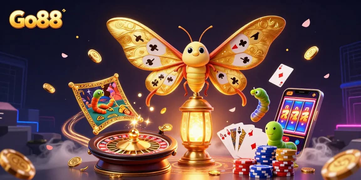 Engage with Go88’s vibrant casino universe, featuring an atlas moth and golden gaming elements.