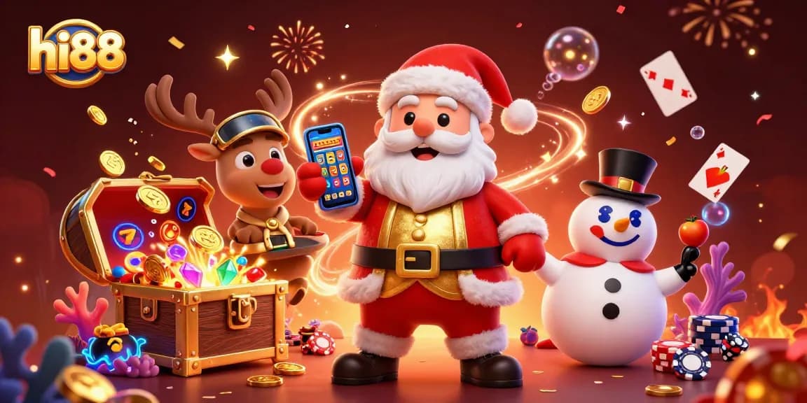 Enjoy thrilling jackpot slots with hi88 in a festive casino scene featuring Santa and friends.