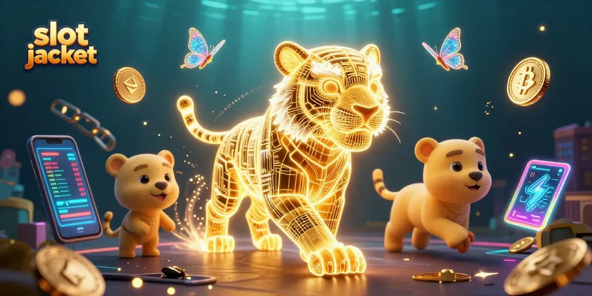 Menangkan slot jackpot dengan gambar yang menampilkan harimau neon dan elemen kasino digital.