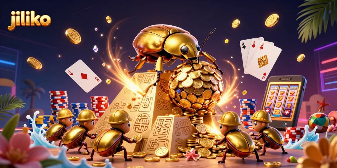 Experience thrilling gameplay at Jiliko with a golden beetle rolling coins and vibrant casino symbols.