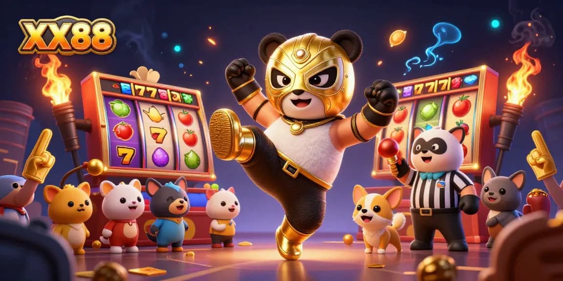Play exciting slots with XX88 as the panda wrestler kicks through vibrant game symbols.