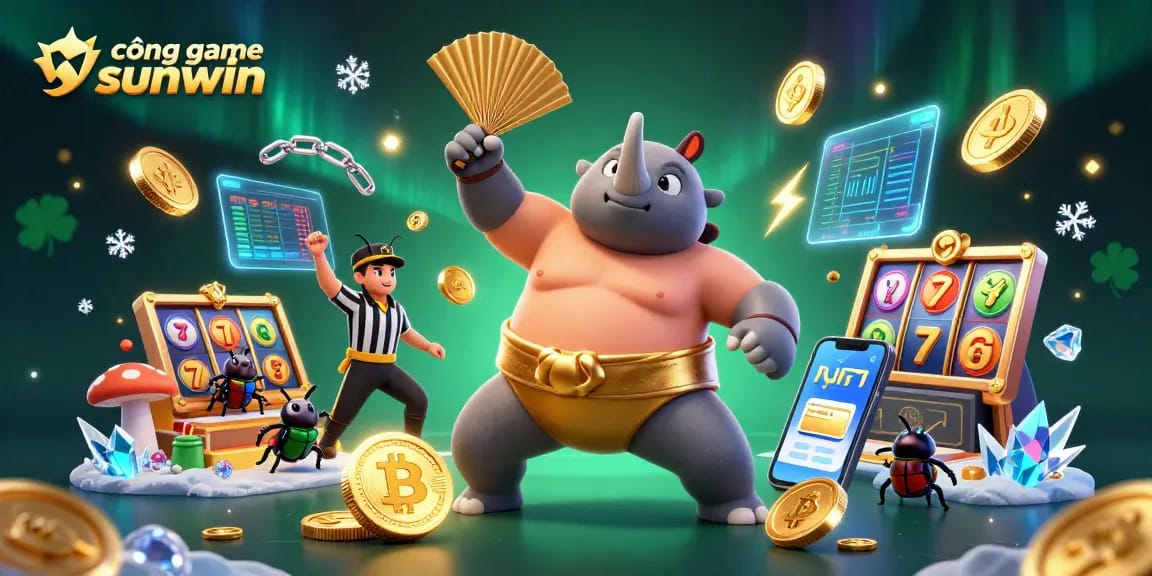 Experience cổng game sunwin as a powerful sumo champion beetle brings excitement with golden coins and crypto elements.