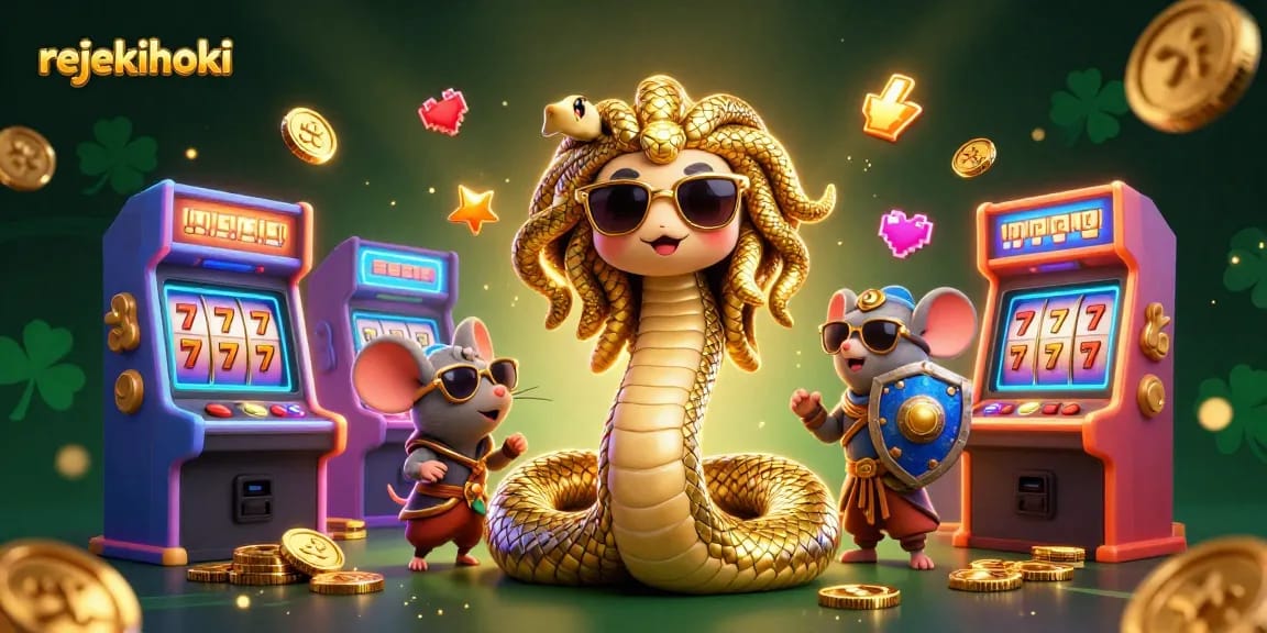 Experience thrilling gameplay at rejekihoki with Medusa and a warrior mouse in a vibrant casino scene.
