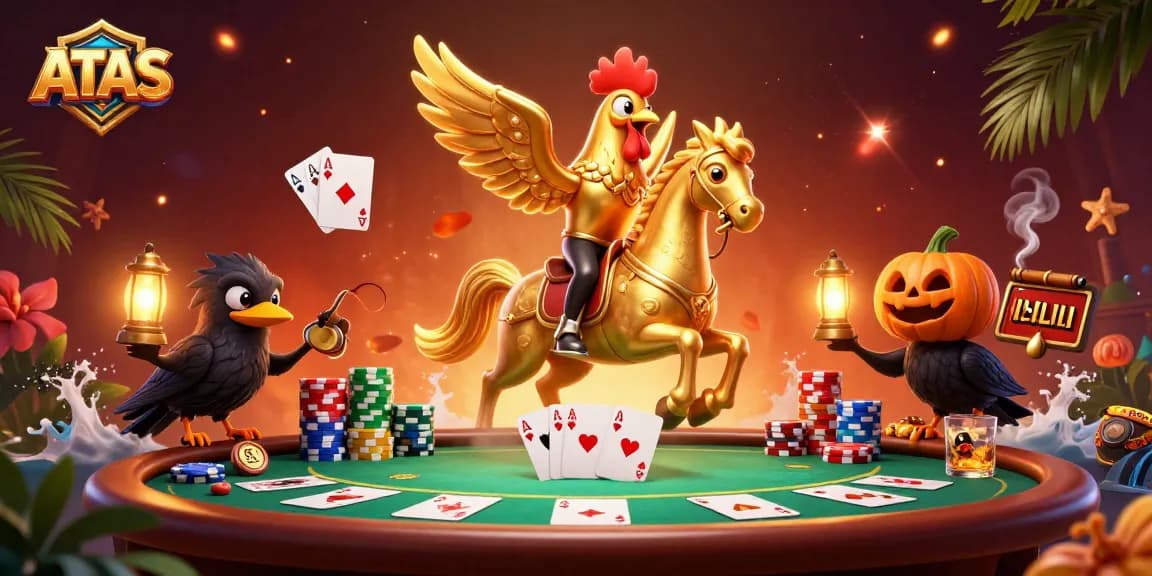 Engage in winning poker action at ATAS Casino with a golden rooster in a vibrant midnight setting.