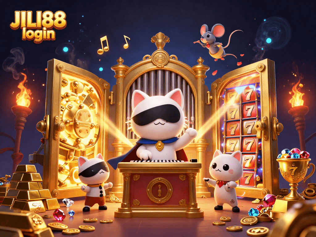 Engage with the JILI88 login scene featuring a whimsical cat and vibrant slot elements.