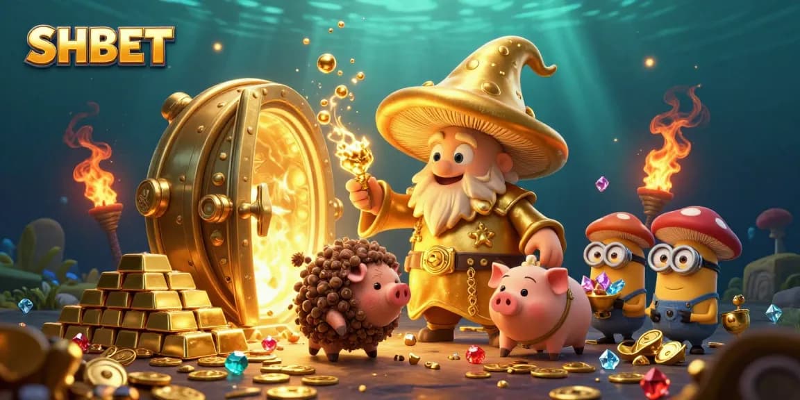 Experience SHBET's magical world where treasures abound, featuring rich gold and vibrant gemstones.