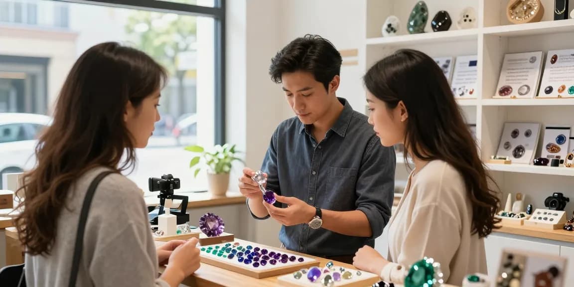 Explore the trusted gemstone offerings at https://www.mygemspot.com with a merchant assisting a customer in a well-lit shop featuring vibrant gemstones.