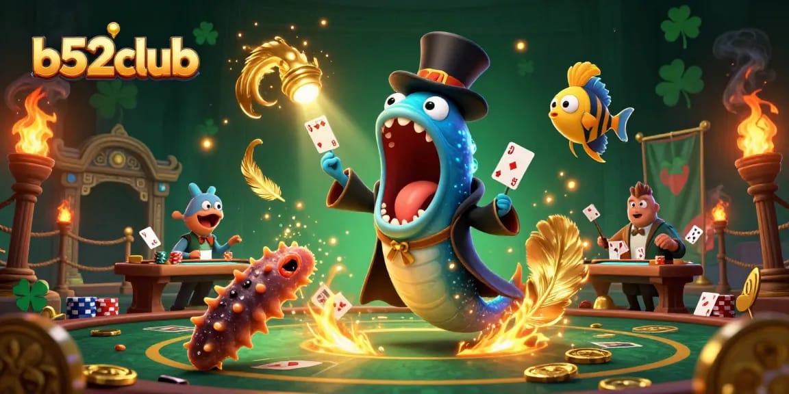 Experience thrilling poker action at b52club with lively game characters in a vibrant casino scene.