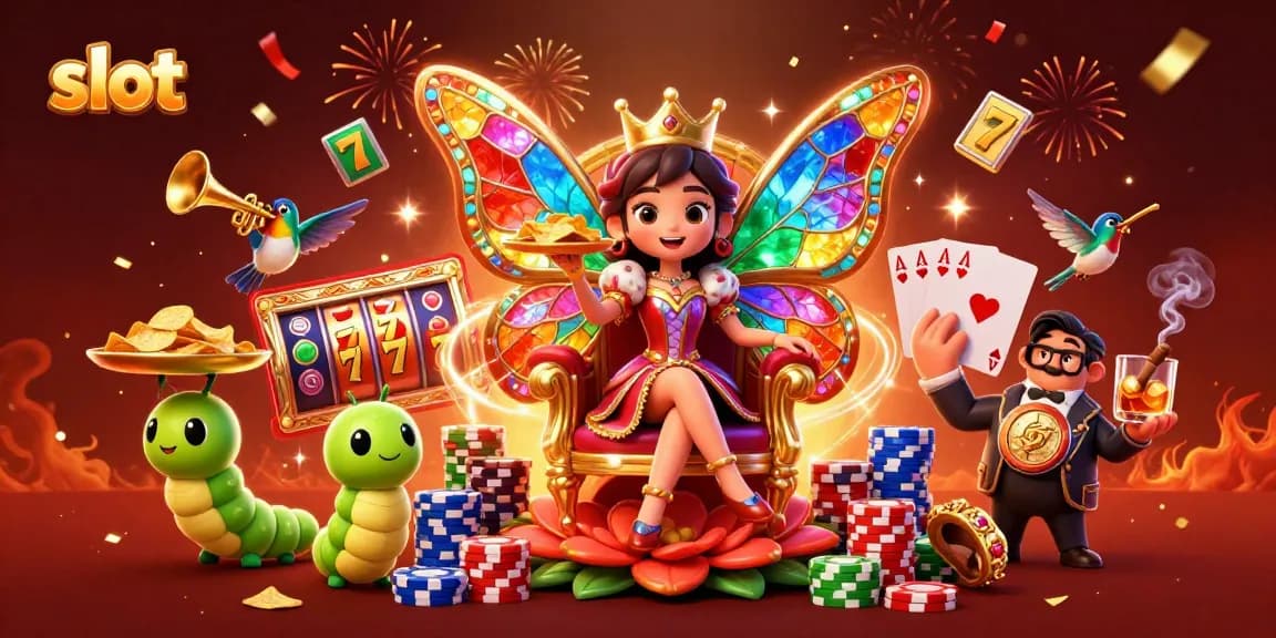 Spin to win as vibrant slot reels and a butterfly queen create excitement in this dynamic casino scene.