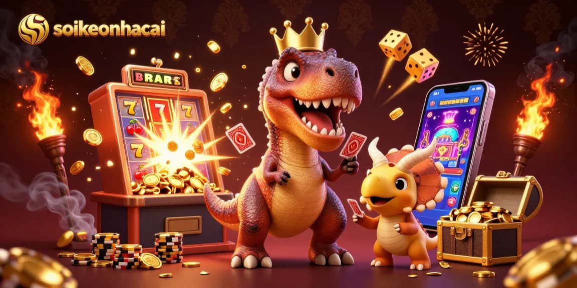 Join the exciting soikeonhacai adventure with playful dinosaur characters in a colorful casino scene!