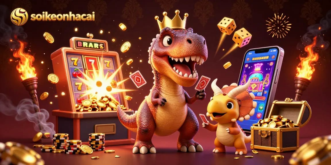Join the exciting soikeonhacai adventure with playful dinosaur characters in a colorful casino scene!