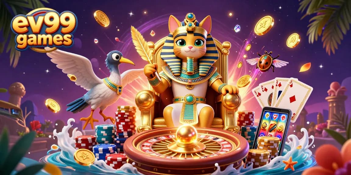 Engage with ev99 games while winning golden coins and playing cards in a vibrant casino scene.