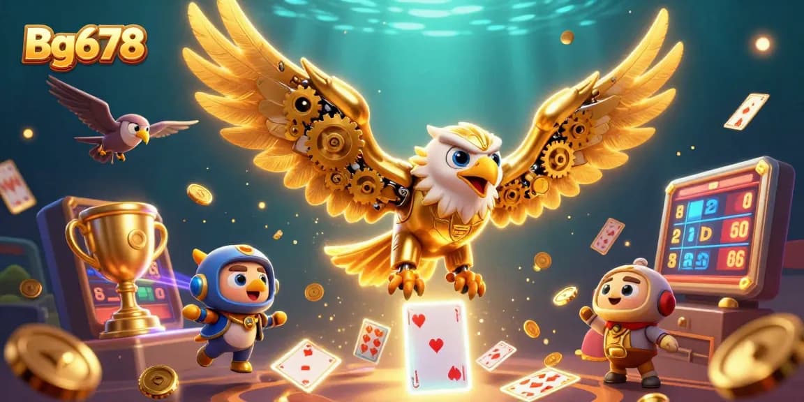 Experience thrilling gameplay at Bg678 with a cybernetic eagle amidst holographic cards.