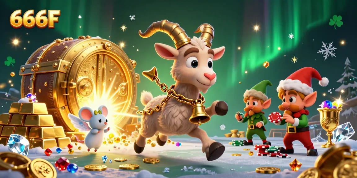 Experience the excitement of winning with 666F in a thrilling casino scene featuring festive characters and glittering treasures.