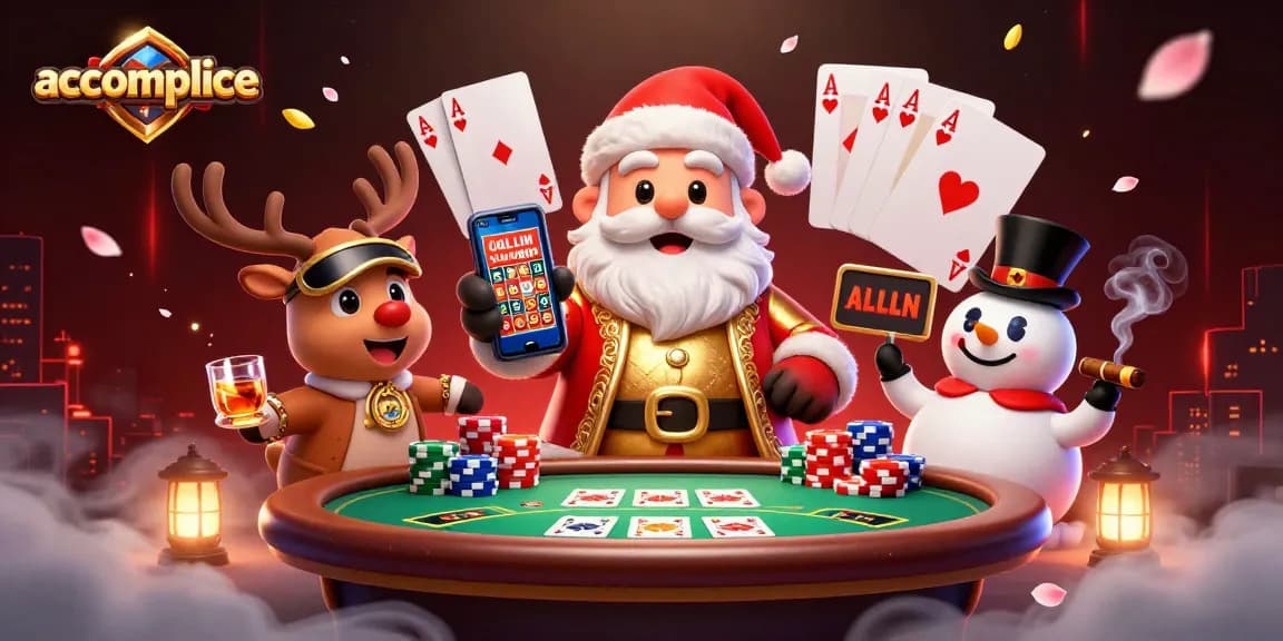Spin to win big with accomplice in this vibrant 3D casino-themed illustration featuring festive characters.