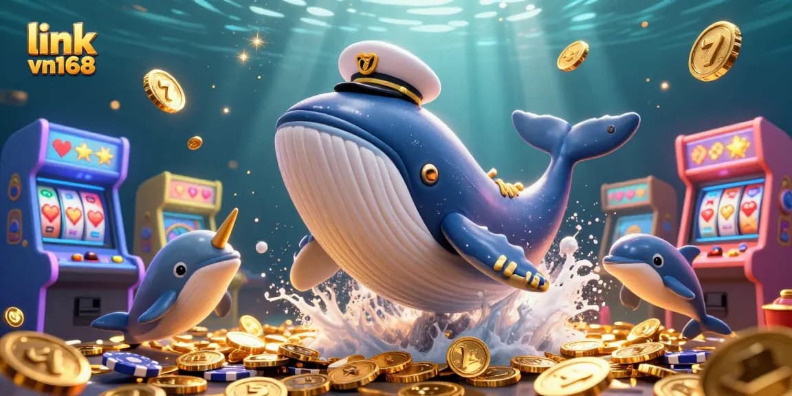 Join the excitement at link vn168 with a whale captain in a treasure sea, surrounded by playful dolphins and glowing casino elements.