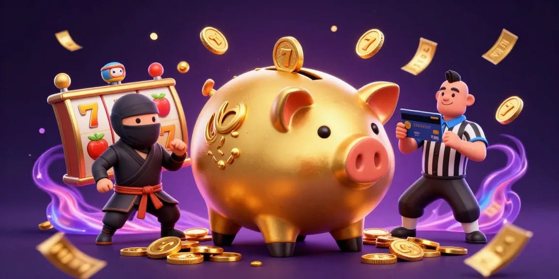Action-packed scene showcasing PayID online pokies with a golden piggy bank sumo wrestler, colorful slot reels, and fun energy effects.