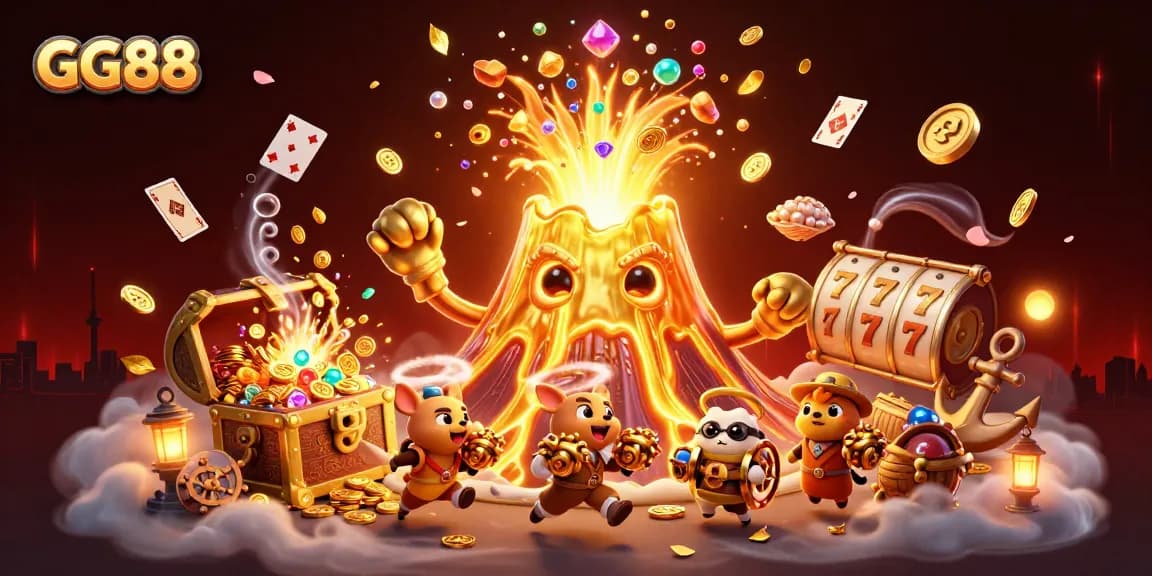 Engage with GG88's thrilling gaming adventure featuring a golden volcano, treasure, and vibrant gaming elements.