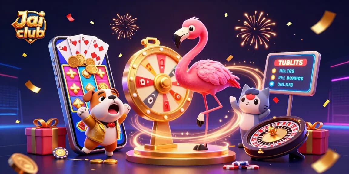 Engage with Jai club's thrilling games at a vibrant casino-themed illustration showcasing dynamic gaming elements.