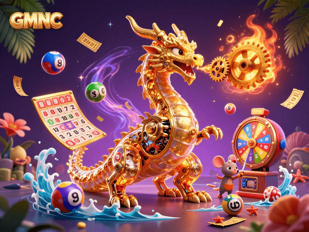 Engage with GMNC’s vibrant lottery scene featuring a golden dragon and lottery elements.