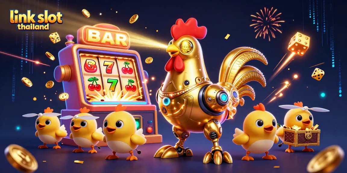 Engage with link slot thailand's thrilling slots, featuring a golden rooster robot and vibrant jackpot elements.