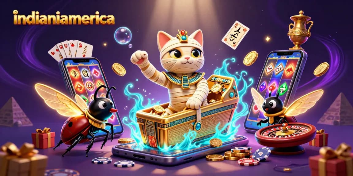 Experience the excitement with indianiamerica's vibrant casino scene featuring a mummy cat and glowing scarab.