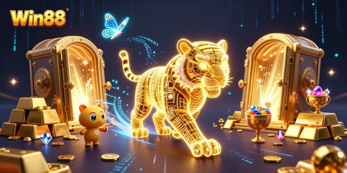 Win88 players immerse in a vibrant casino scene, featuring golden treasures and dynamic lights.