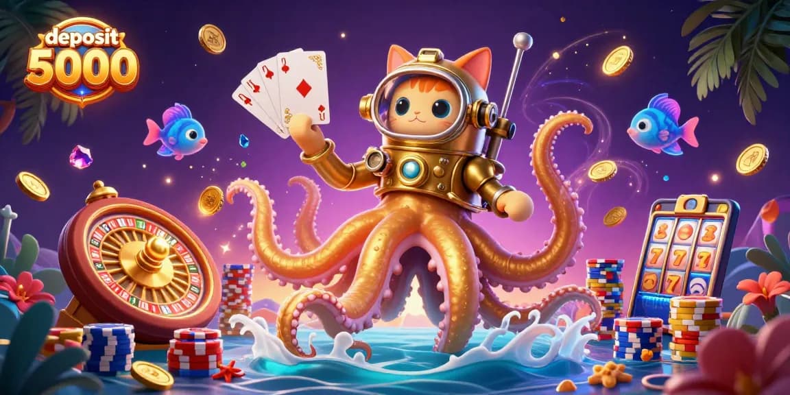 Experience the excitement of deposit 5000 with vibrant casino elements and characters in this lively illustration.