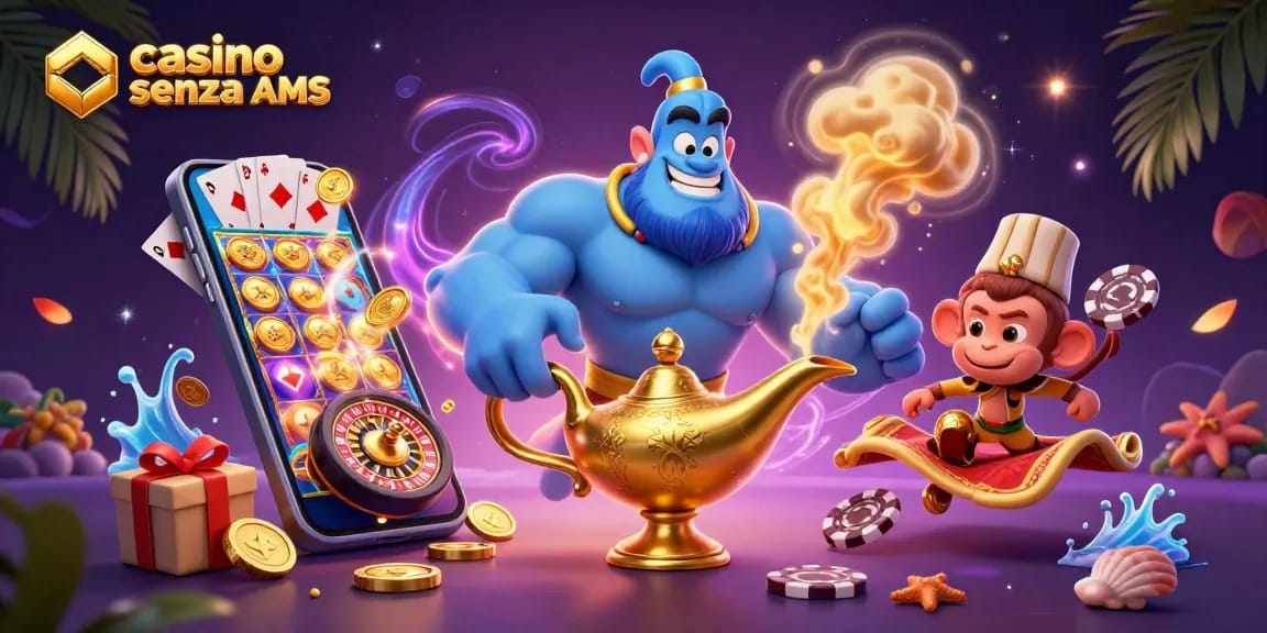 Interagisci con il casino senza AAMS attraverso una scena vivace con un genio, una scimmia e fiches da poker.