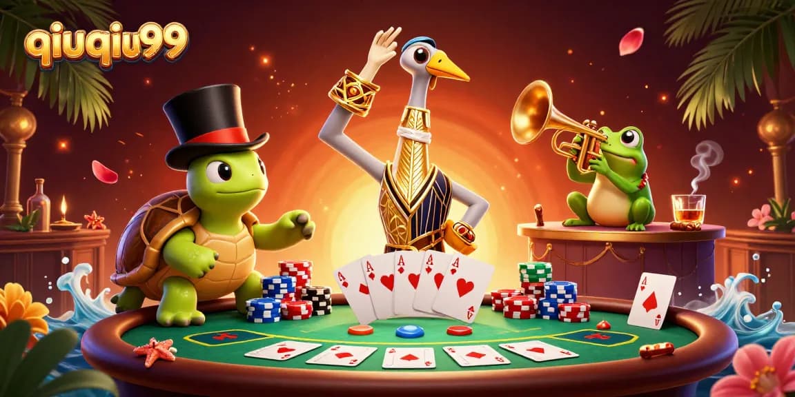 Engage with qiuqiu99 through a vibrant poker scene featuring animated characters and dynamic casino elements.