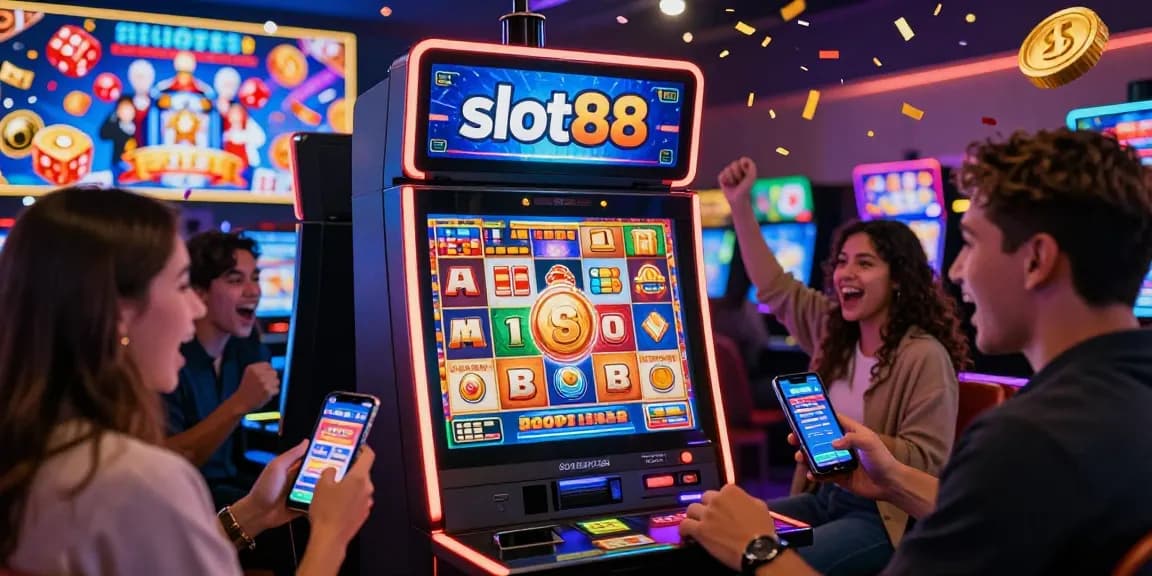 Permainan slot88 di kasino online Dewa123 dengan pemain merayakan kemenangan jackpot.