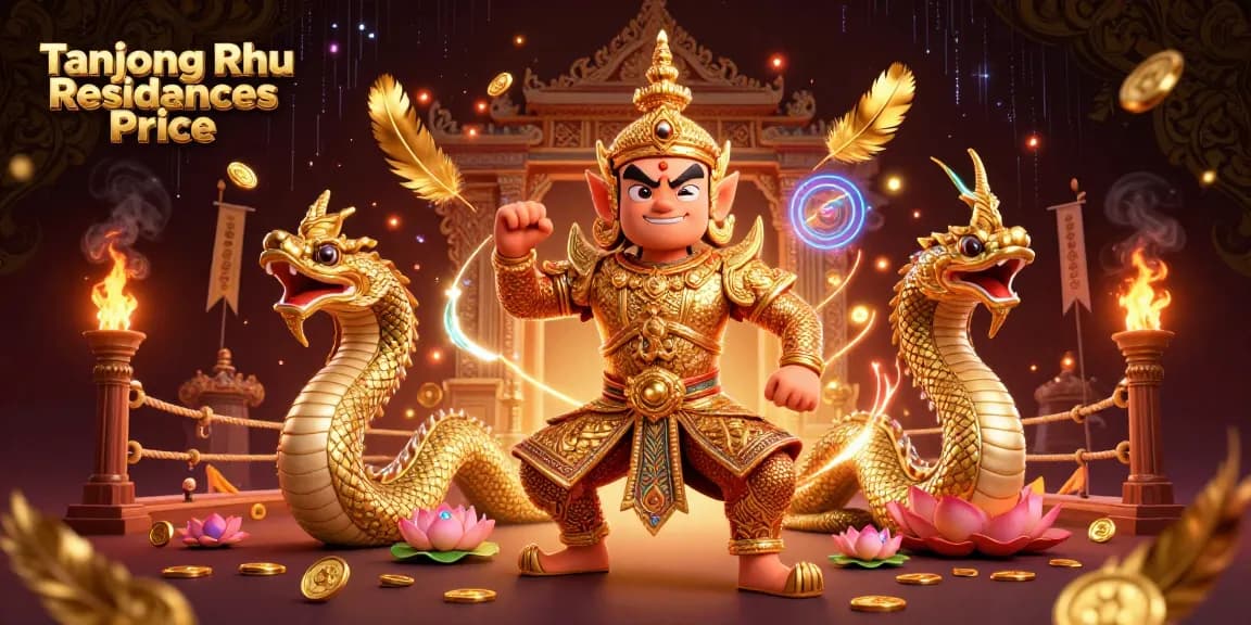 Tanjong Rhu Residences Price menampilkan ilustrasi 3D dari penjaga kuil Thailand yang bersahabat, dikelilingi aset taruhan dan efek atmosferik.