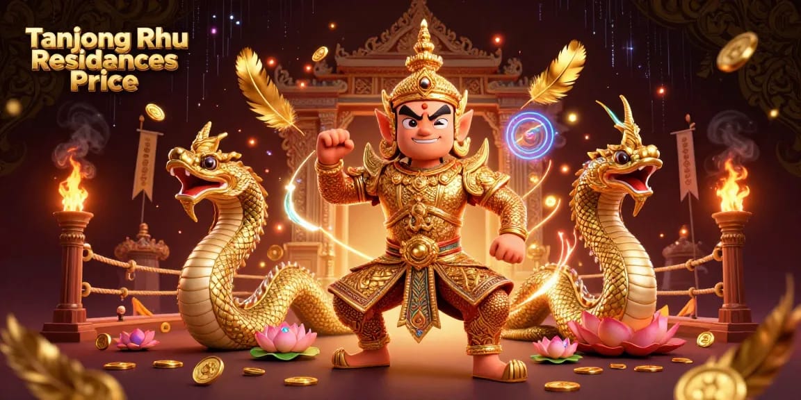 Tanjong Rhu Residences Price menampilkan ilustrasi 3D dari penjaga kuil Thailand yang bersahabat, dikelilingi aset taruhan dan efek atmosferik.