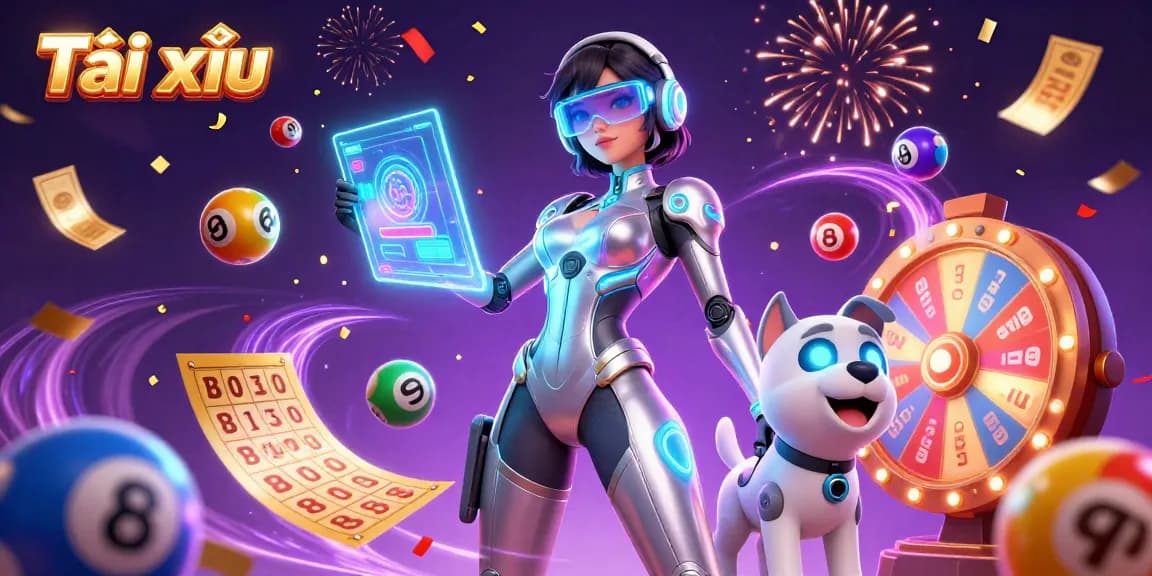 Tài xỉu exciting gaming scene with a woman and a robotic dog in a vibrant casino atmosphere.
