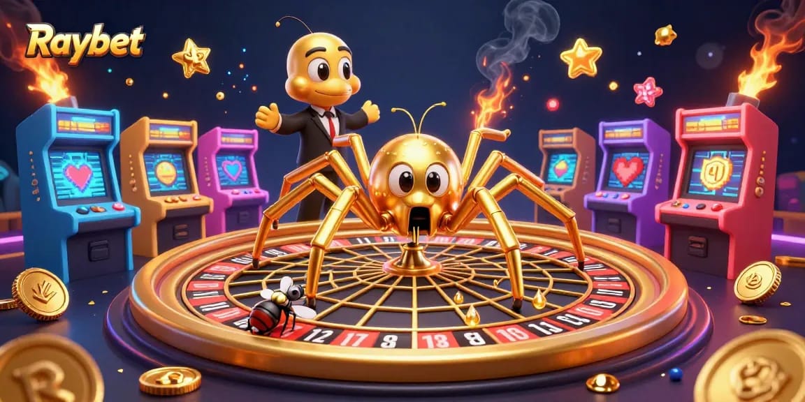 Raybet's engaging casino scene shows a golden spider and a centipede croupier surrounded by dynamic gaming elements.